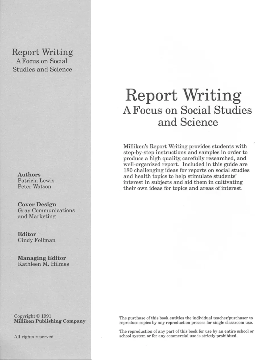 Title page: summary of step-by-step report instructions and 180 report ideas, with author credits and copying permissions