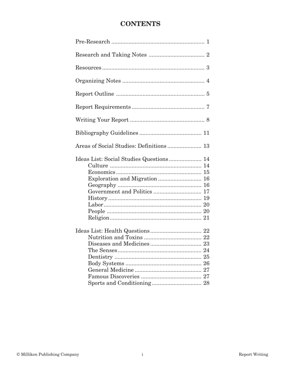 Contents listing pre-research, notes, outline, bibliography and idea lists of social studies and health report questions
