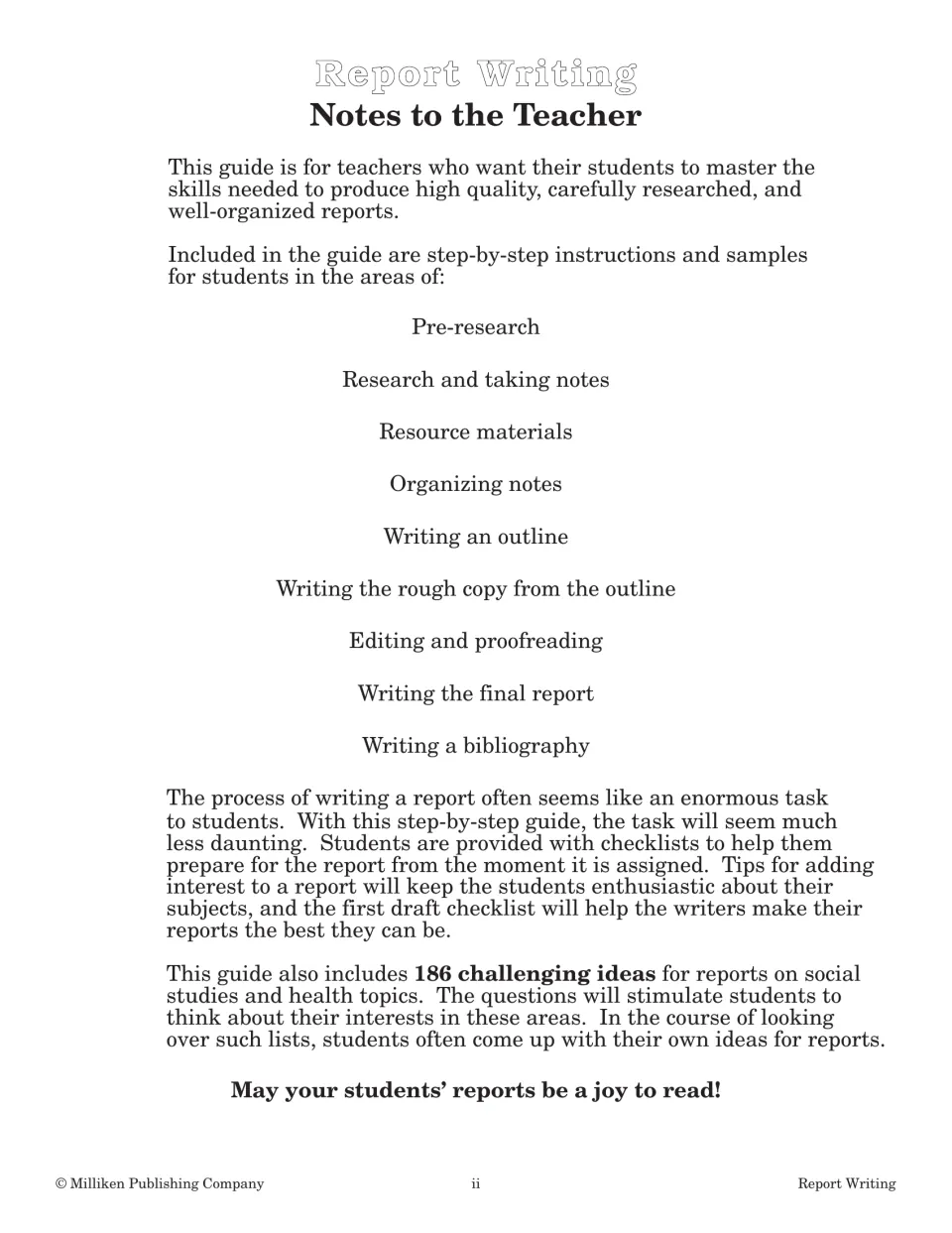 Notes to the Teacher: overview of steps from pre-research to bibliography and the 186 social studies and health ideas