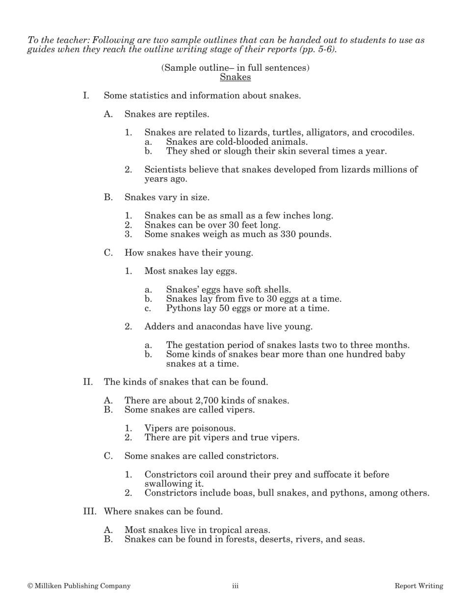 Sample outline in full sentences on snakes, using Roman numerals, letters and numbers for facts on size, young and kinds