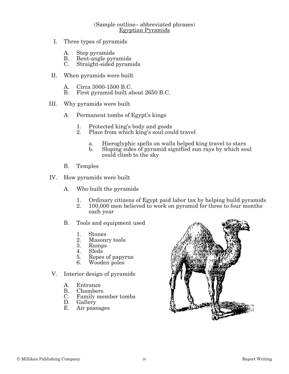 Sample outline in abbreviated phrases on Egyptian pyramids: types, dates, purpose, how they were built and interior design