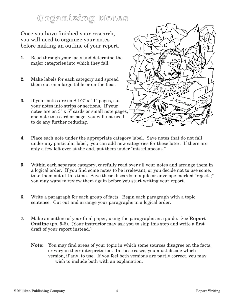 Organizing Notes: seven steps for sorting notes into category labels, ordering each group and writing paragraphs
