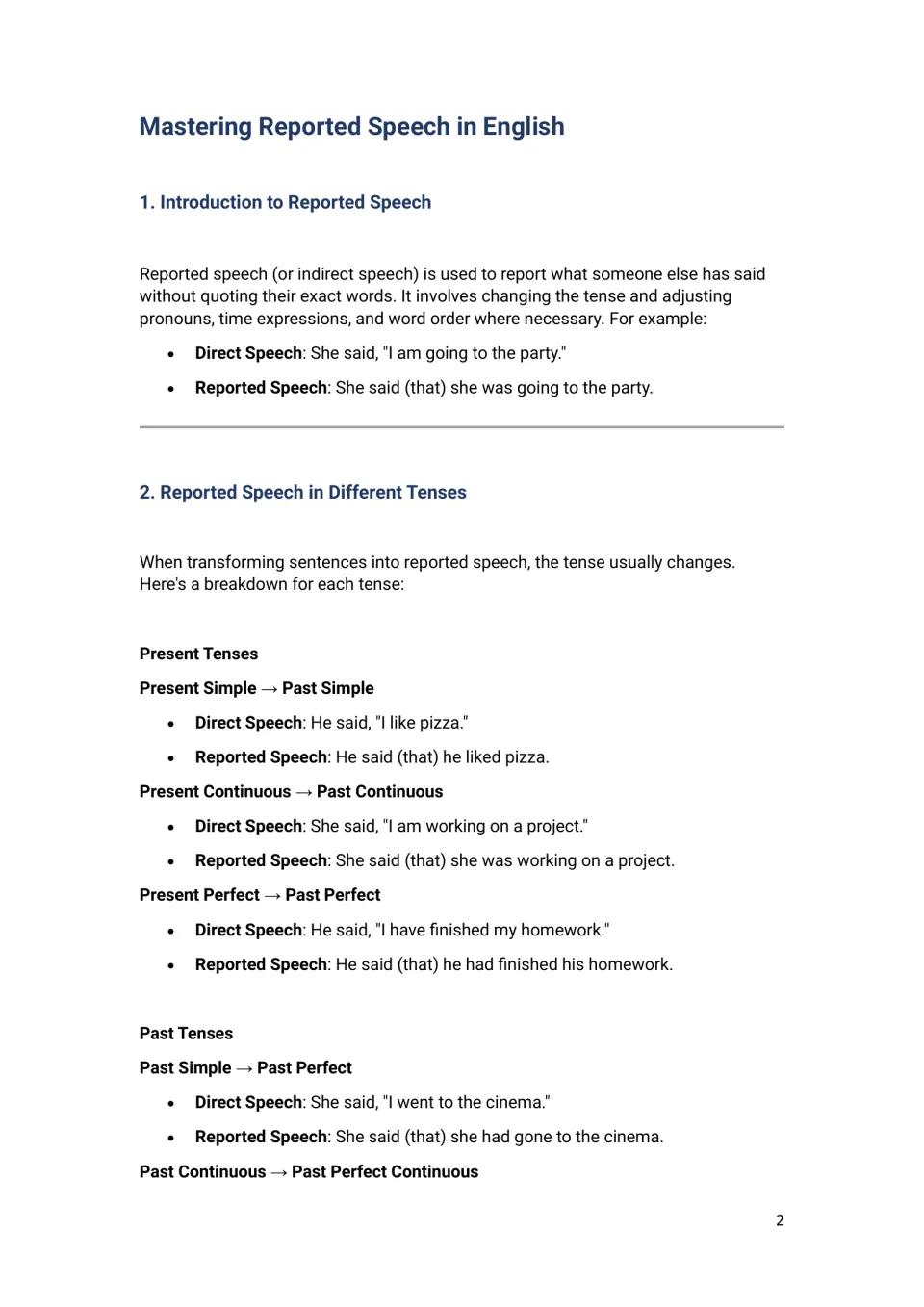 Intro to reported speech: a definition, then direct and reported pairs showing tense backshift for present and past tenses
