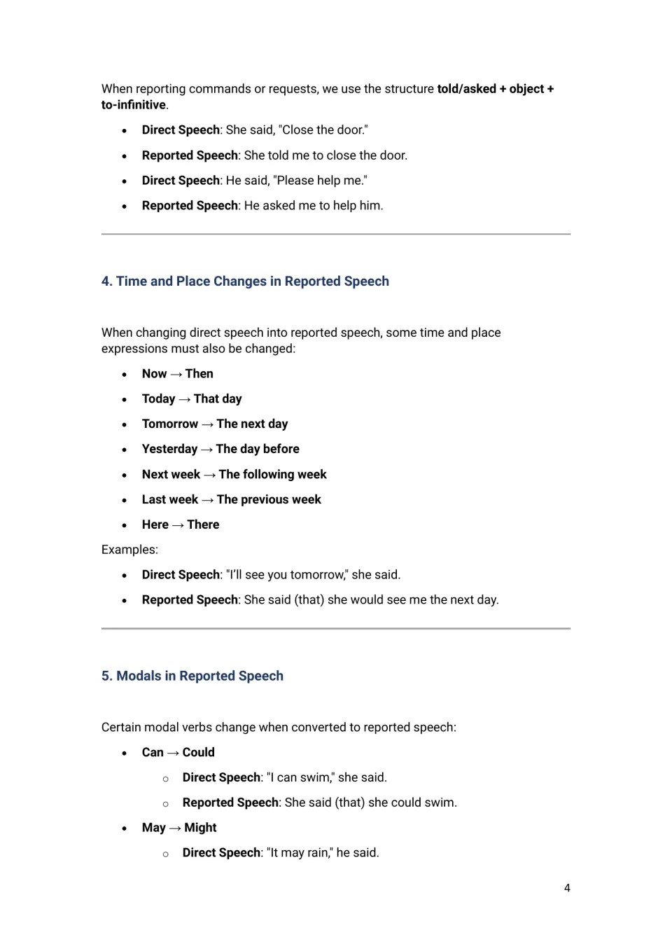 Reporting commands with told/asked + to-infinitive, time and place word changes like today to that day, and modals