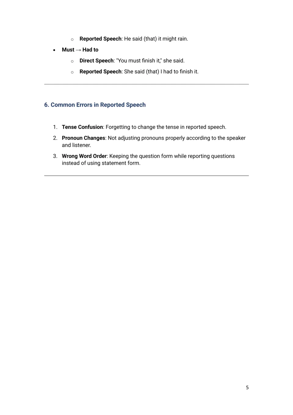 Modal changes for may and must, then three common reported speech errors: tense confusion, pronoun changes and word order