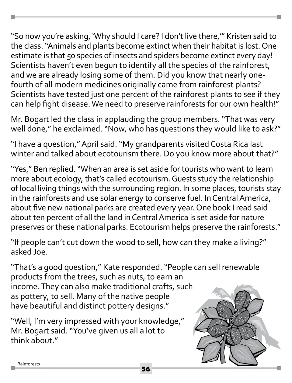 Story part 2: extinction and medicine facts, then class questions about ecotourism and earning a living