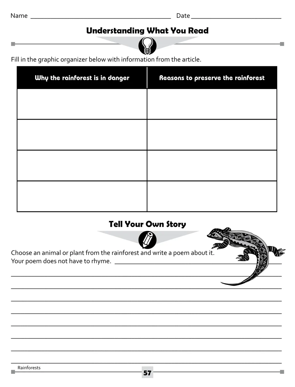 Reading response: list why the rainforest is in danger and reasons to preserve it; write a rainforest poem
