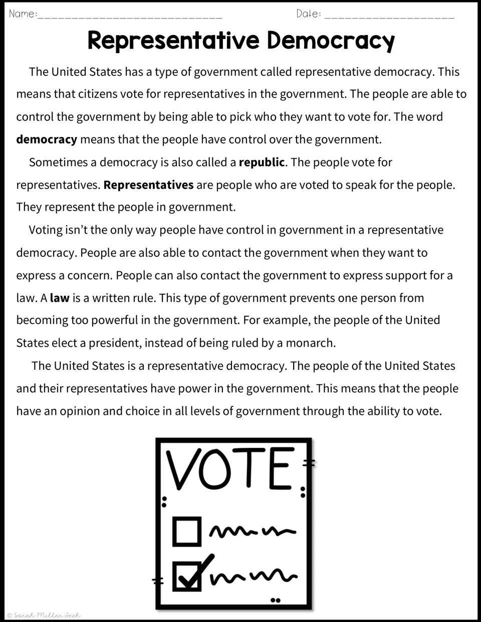 Reading passage explaining representative democracy, voting, representatives, laws, and citizen input