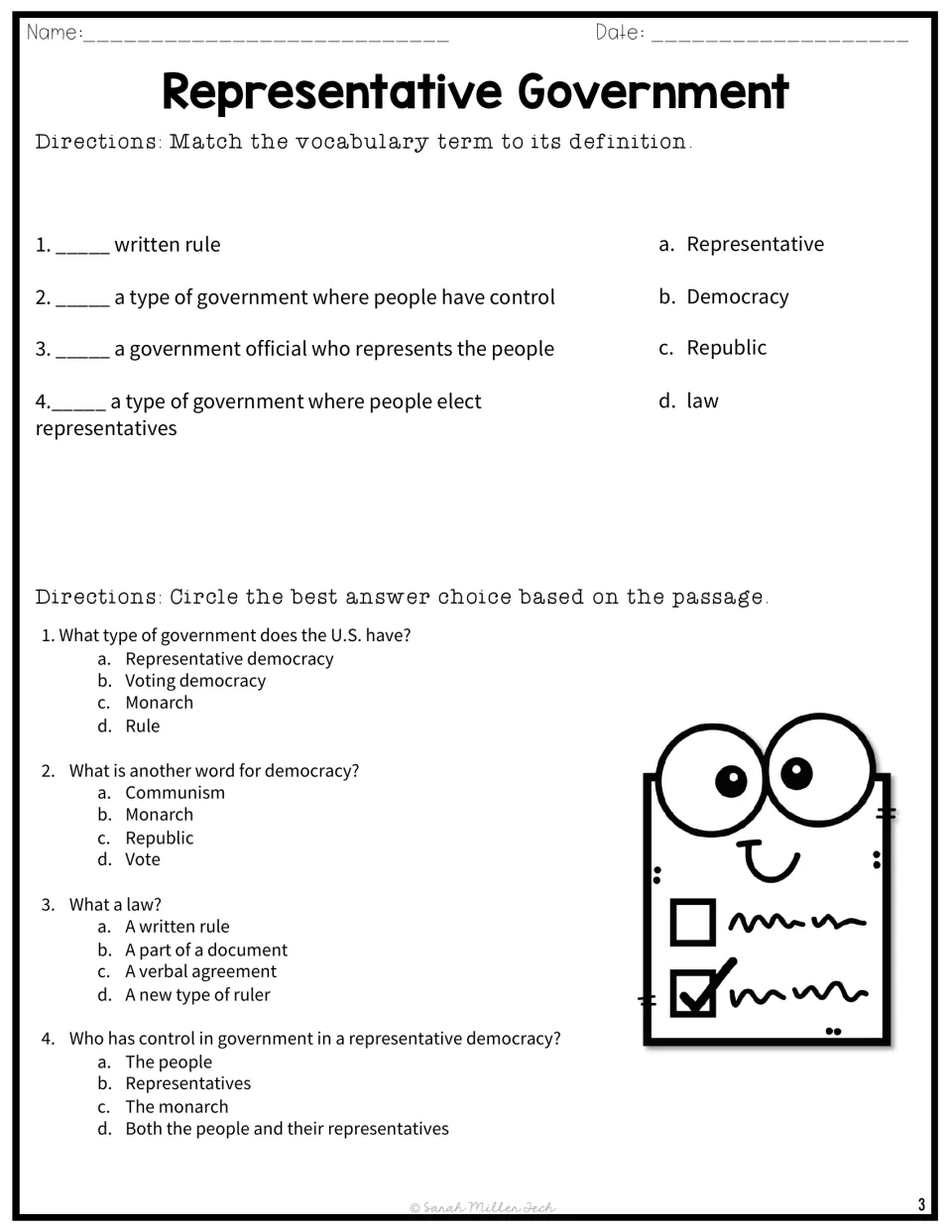 Vocabulary matching for representative, democracy, republic, and law, followed by comprehension questions 1–4