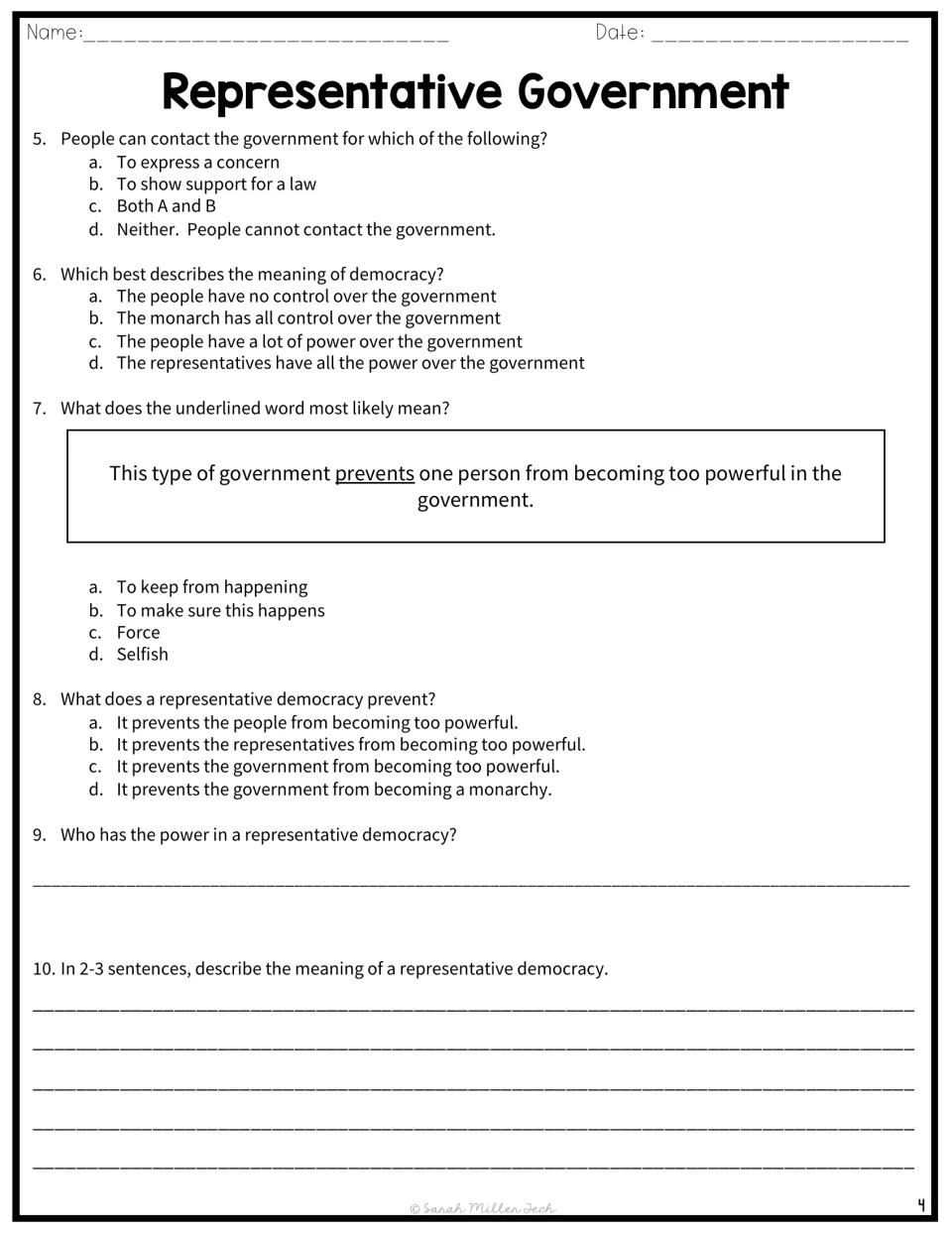Comprehension questions 5–10 on citizen input, democracy, the meaning of prevents, and government power