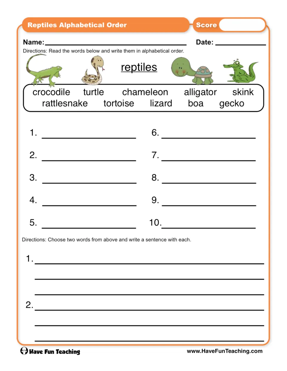 Reptile ABC order practice: sort 10 words, including alligator, boa and gecko, then write two sentences.