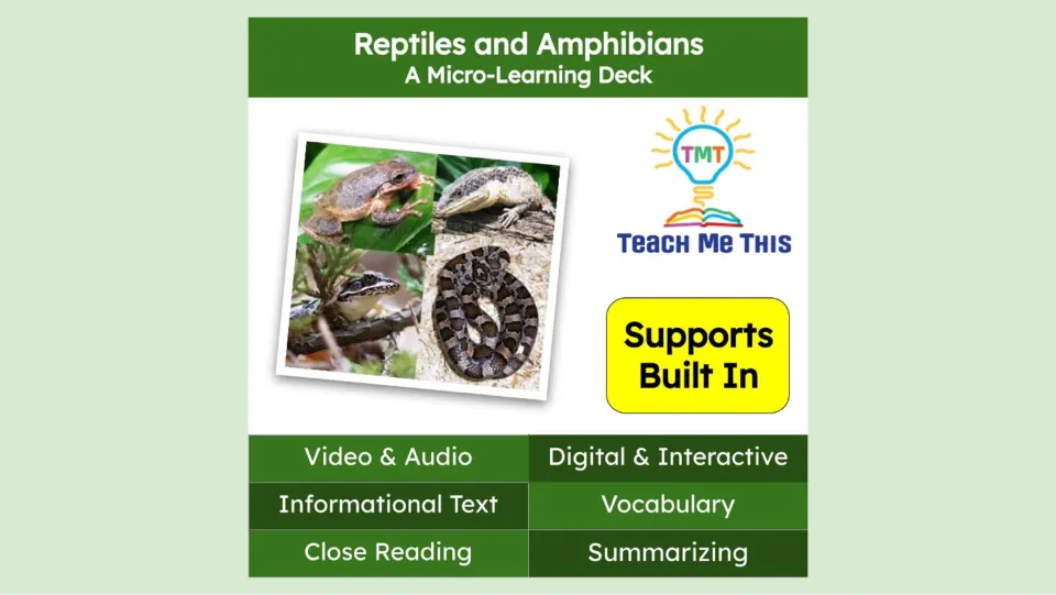 Cover of Reptiles and Amphibians, a micro-learning deck featuring video, audio, vocabulary, and summarizing
