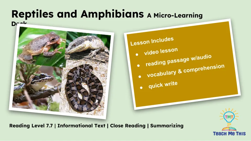 Lesson overview lists a video lesson, reading passage with audio, vocabulary and comprehension, and quick write