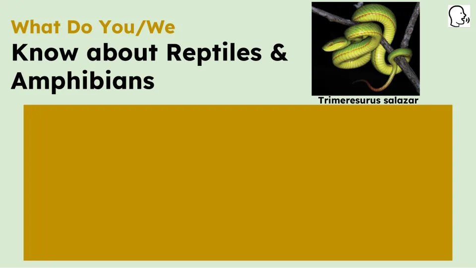 Prior-knowledge prompt asks what students know about reptiles and amphibians; a snake is labeled by species
