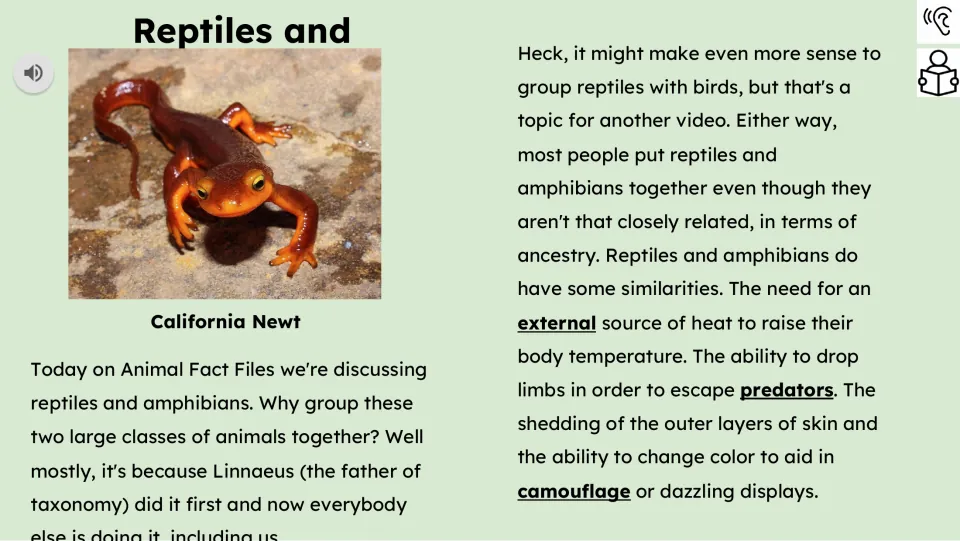 Reading passage part 1 discusses grouping the animals, external heat, shedding skin, and changing color
