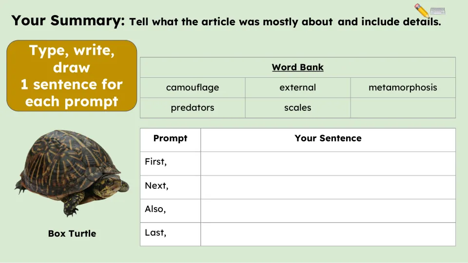 Summary task asks for the article's main idea and details using four prompts: First, Next, Also, and Last