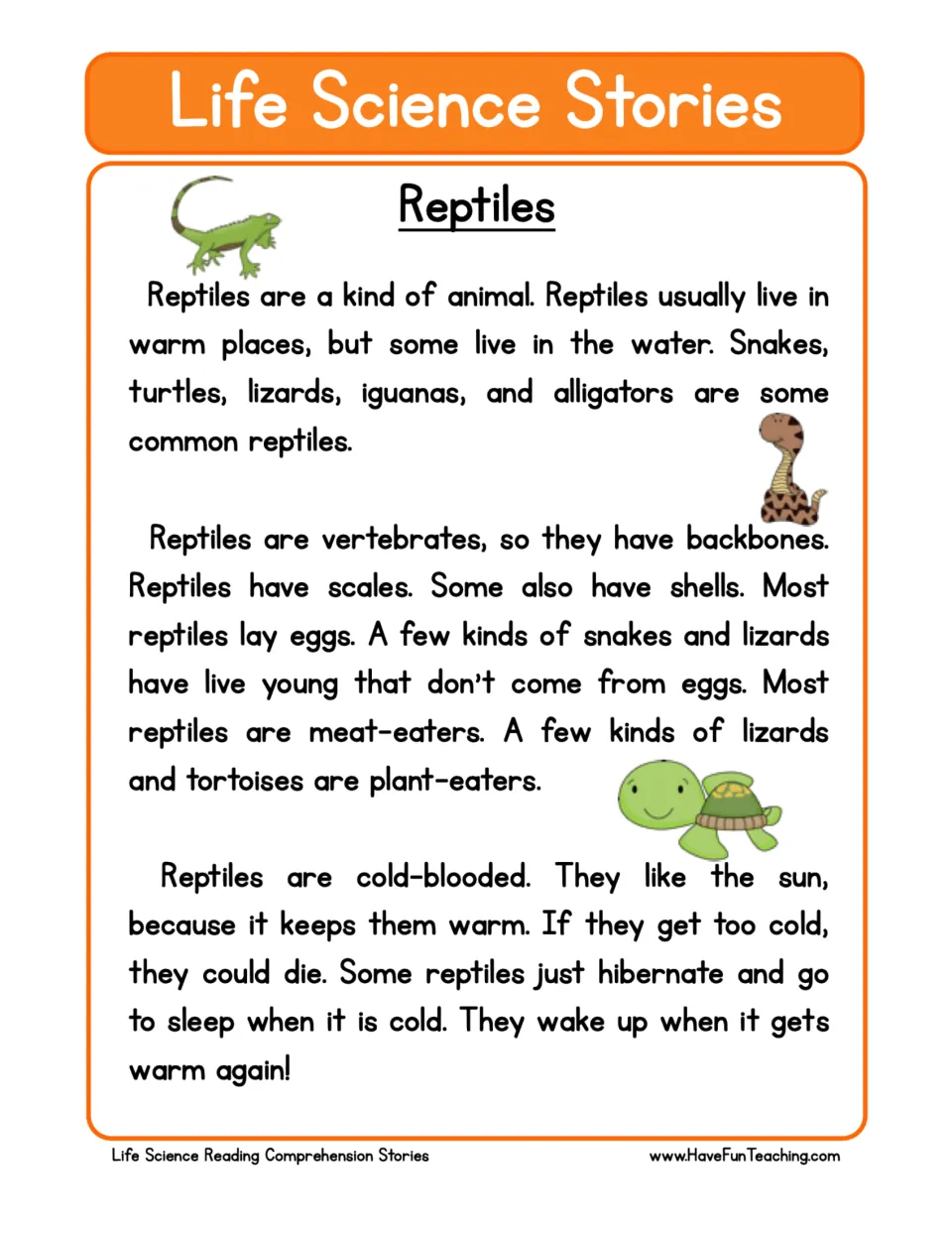 Reading passage about reptiles: habitats, backbones, scales, eggs, diets, and staying warm in the sun.