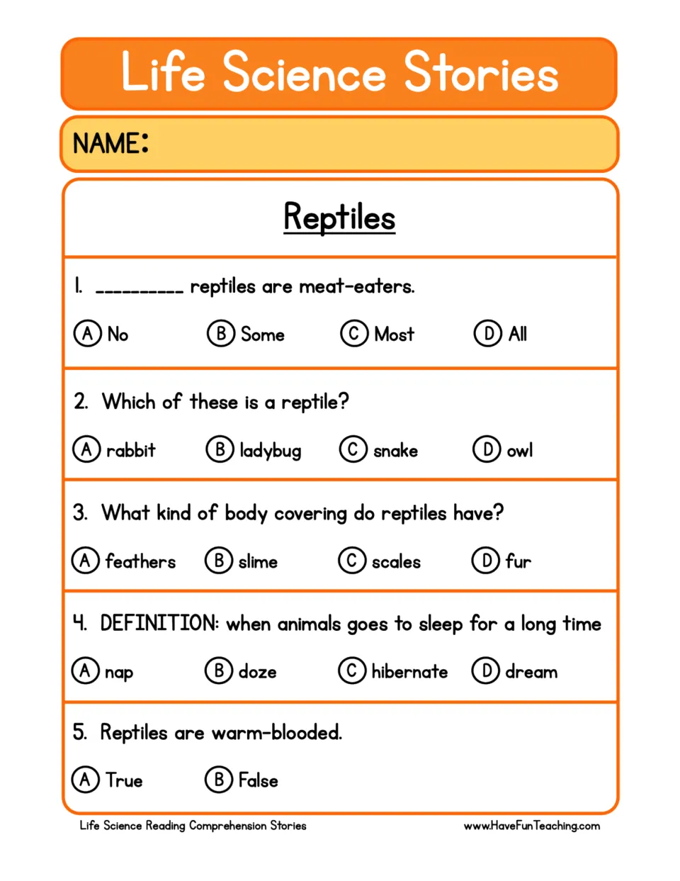 Five comprehension questions about reptiles: meat-eaters, snakes, scales, hibernation, and cold blood.