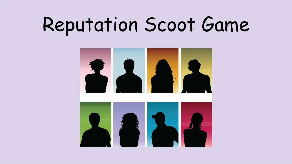 Cover of the Reputation SEL Scoot Game, introducing the topic for the resource's 24 question cards.