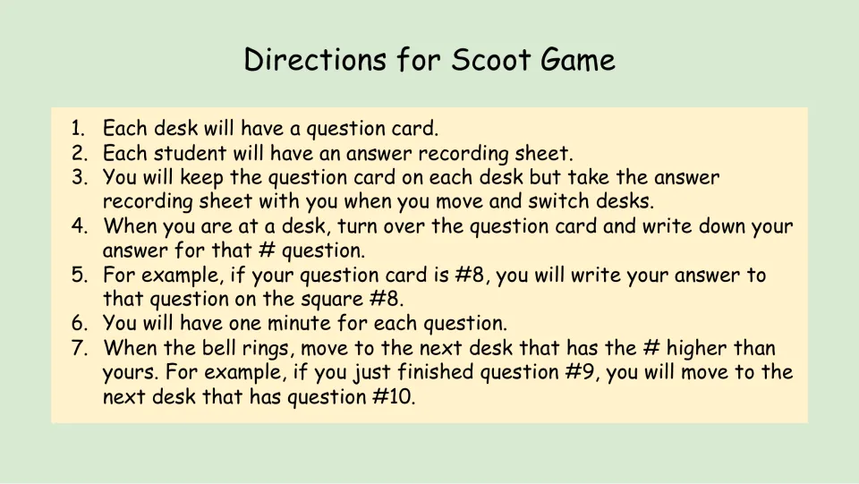 Scoot game directions explain recording numbered answers, taking one minute, and moving desks when the bell rings.