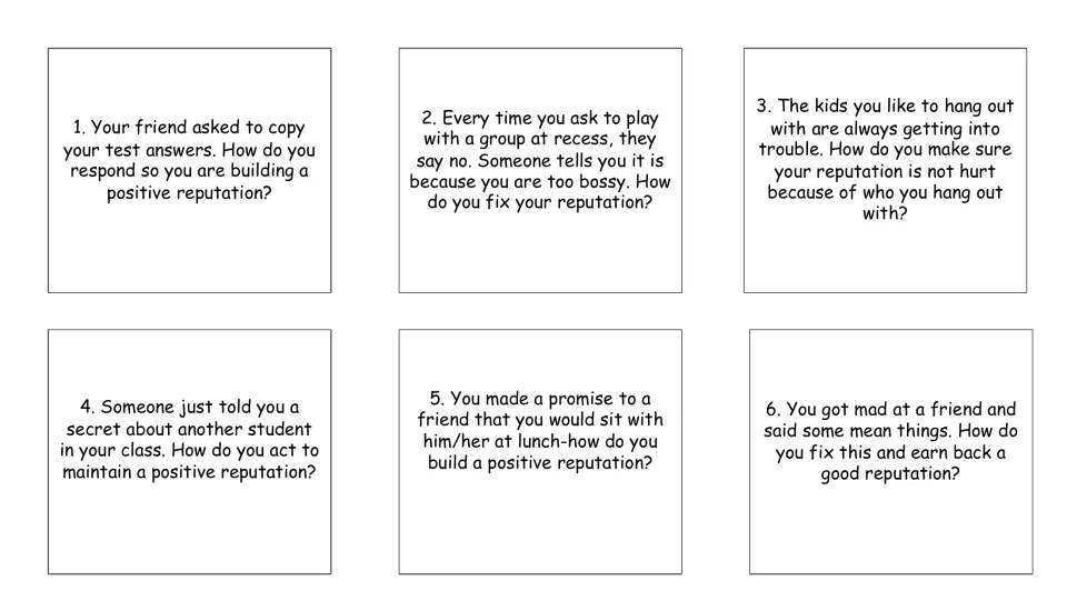 Reputation question cards 1–6 address copying test answers, bossiness, friends, secrets, promises, and mean words.
