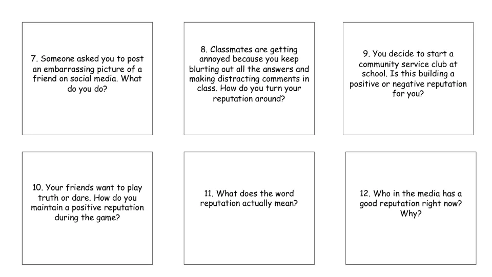 Reputation cards 7–12 cover social media, class disruptions, service, truth or dare, definitions, and media figures.