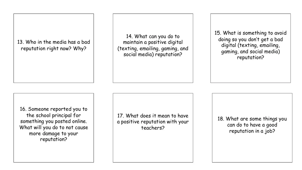 Reputation cards 13–18 ask about media figures, digital behavior, an online post, teachers, and workplace conduct.