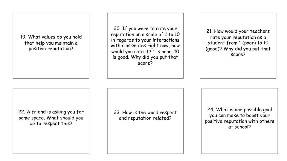 Reputation cards 19–24 explore values, self-ratings, a friend's need for space, respect, and a school reputation goal.