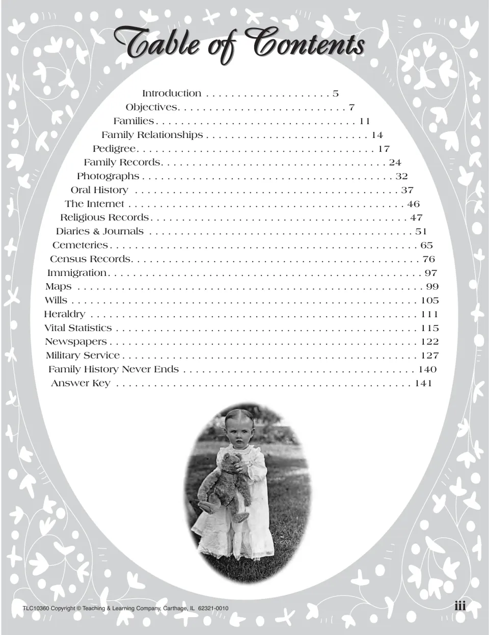 Table of contents listing family history sections from Families and Pedigree through Wills, Heraldry and Military Service
