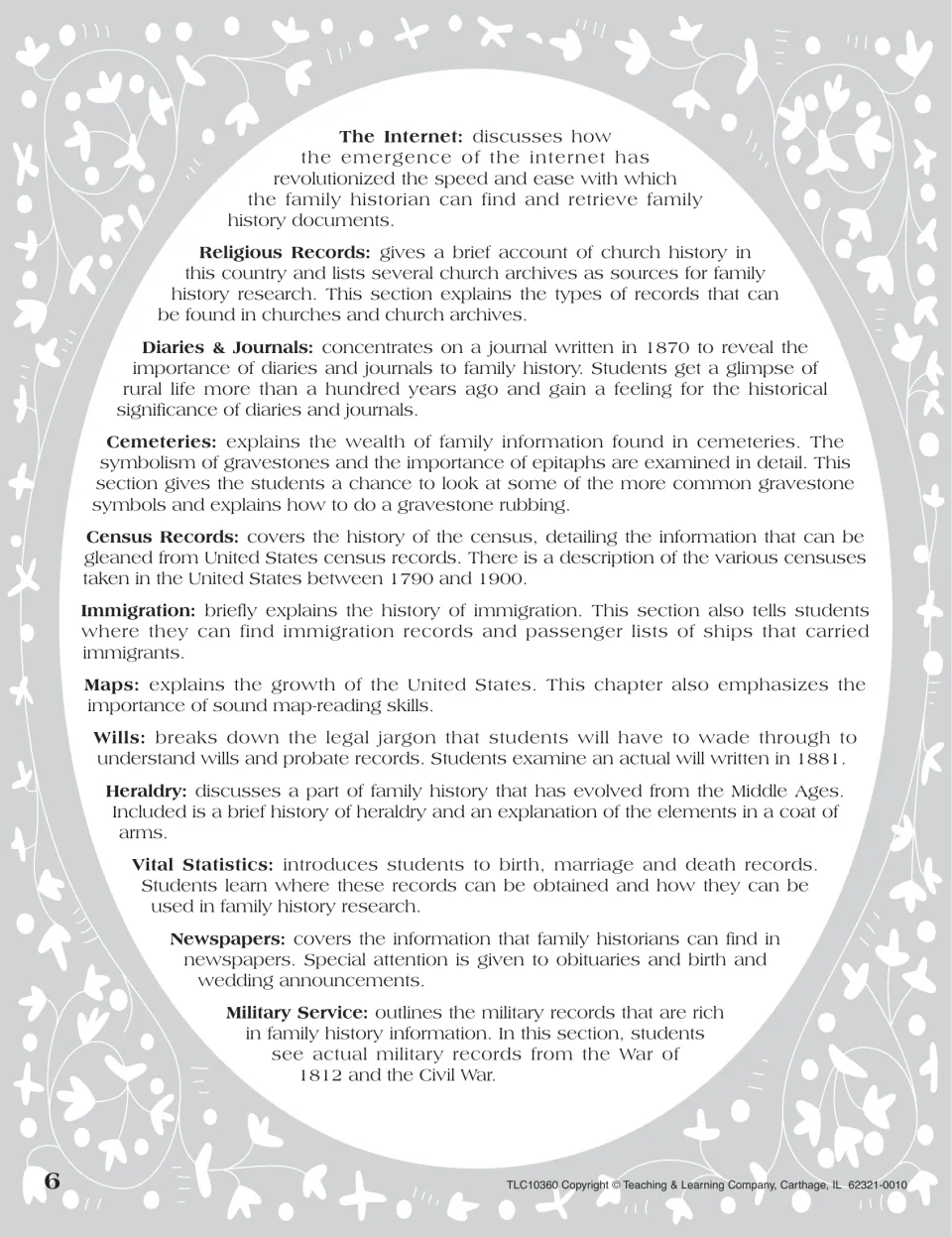 Section summaries continued: Internet, religious records, diaries, cemeteries, census, immigration, maps, wills and more