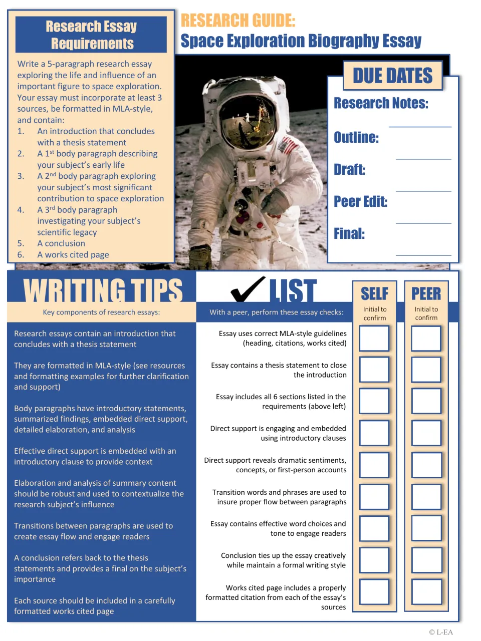Space exploration biography essay: 6 requirements, due dates for each stage, writing tips and a self and peer checklist