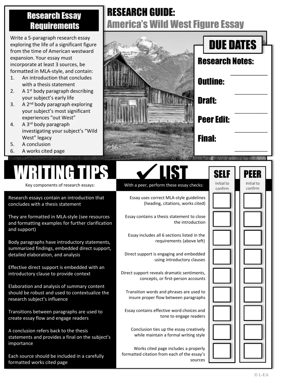 Black-and-white essay requirements sheet listing six essay sections, due dates, writing tips and a self and peer checklist