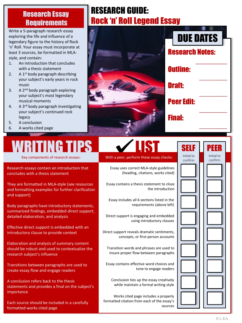 Rock 'n' Roll legend essay requirements: 6 essay sections, due dates, writing tips and a self and peer essay checklist