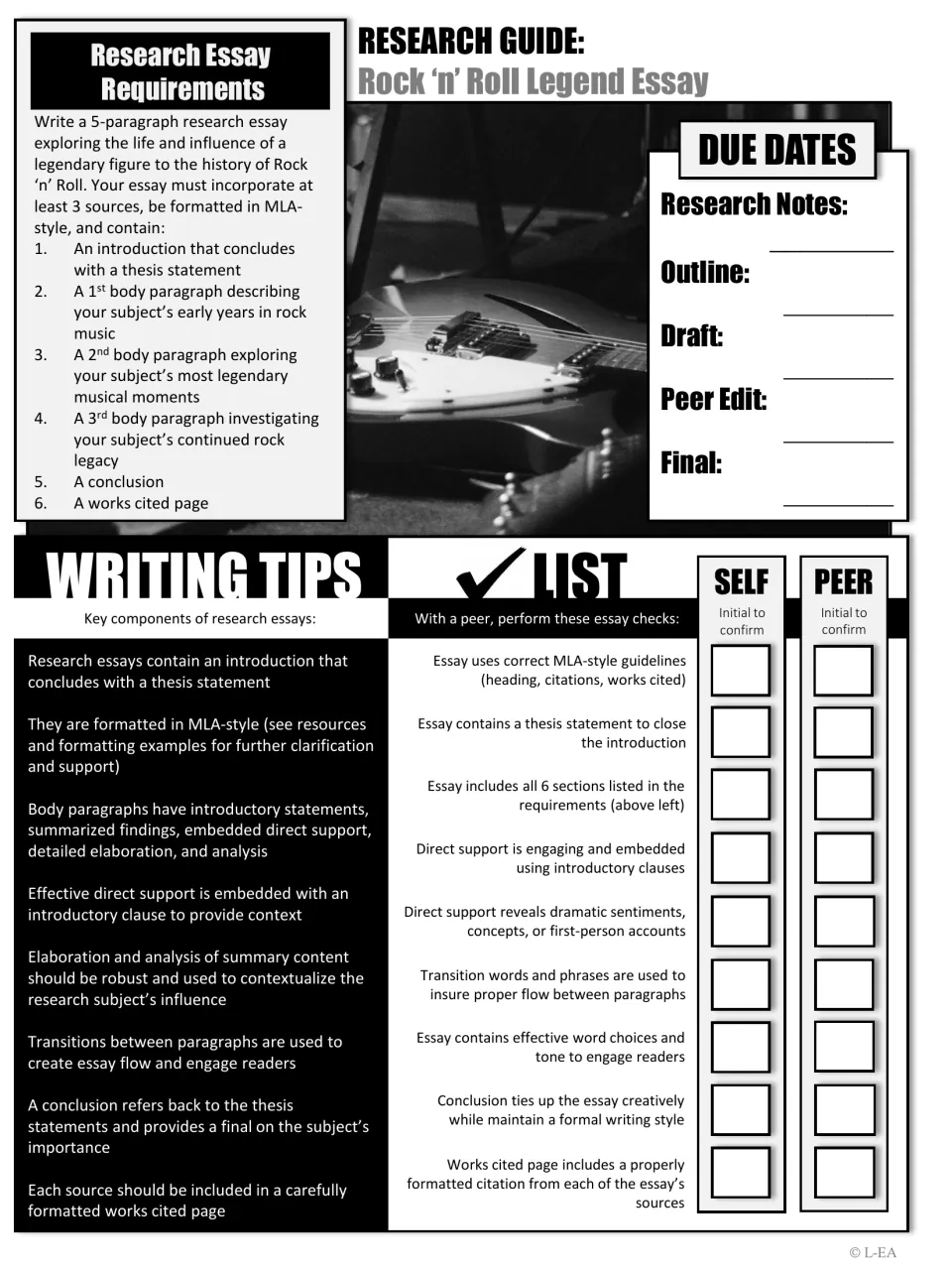 Black-and-white essay requirements sheet listing the 6 sections, due dates, writing tips and a self and peer checklist