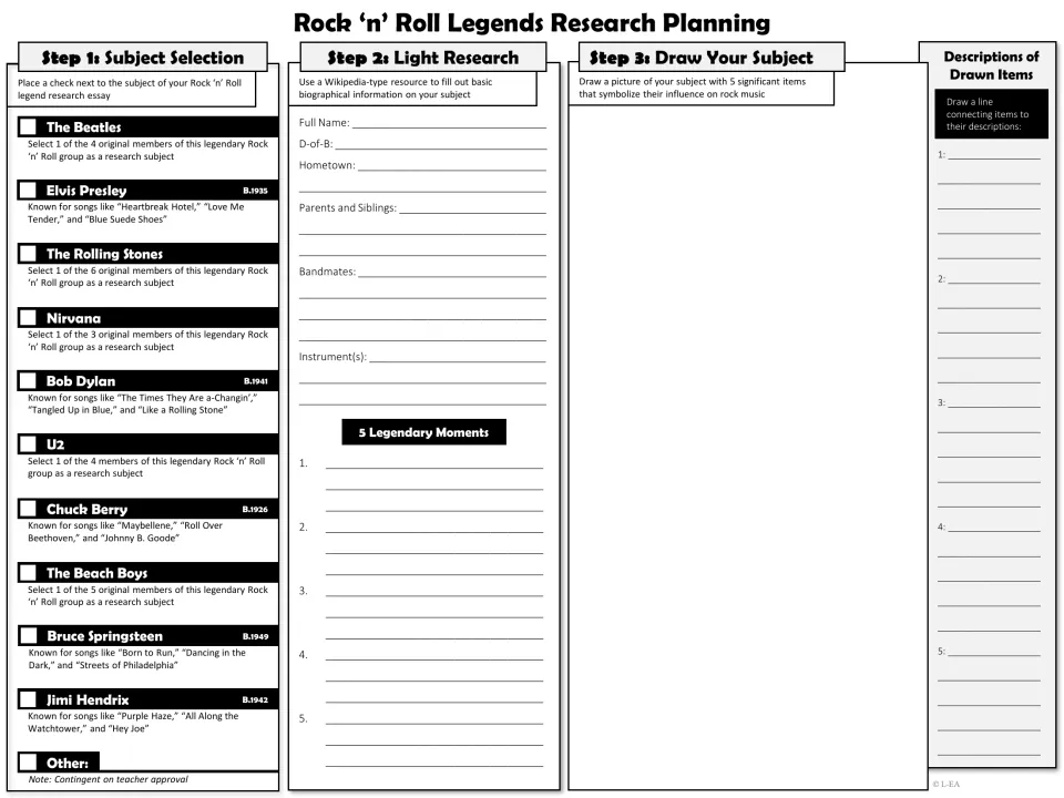 Black-and-white planning page: students check a rock subject, fill in biography facts and 5 moments, and sketch 5 symbols