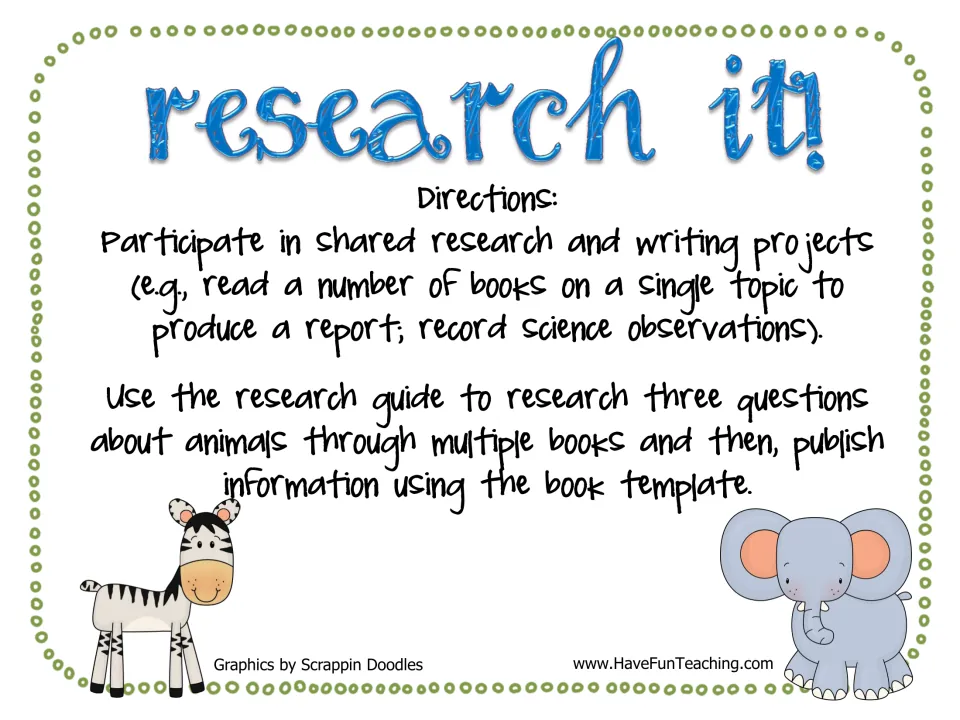 Research It! directions: students research three animal questions in several books, then publish facts in a book template