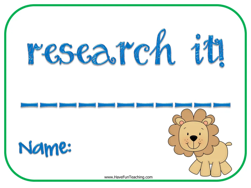 Animal report book cover template: students write the animal topic on the title blank and add their name; lion clip art