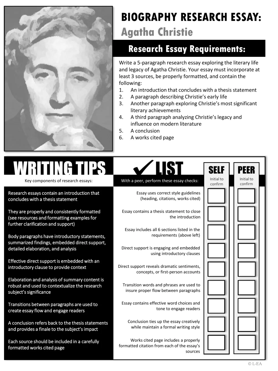 Grayscale essay requirements for the Christie biography essay with writing tips and a self and peer essay check list