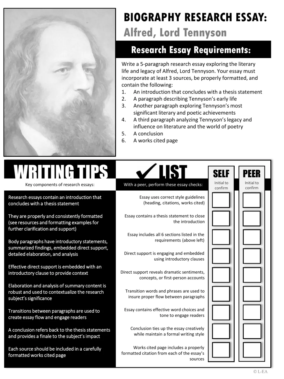 Black and white Tennyson research essay requirements with a portrait, writing tips and a self and peer essay checklist