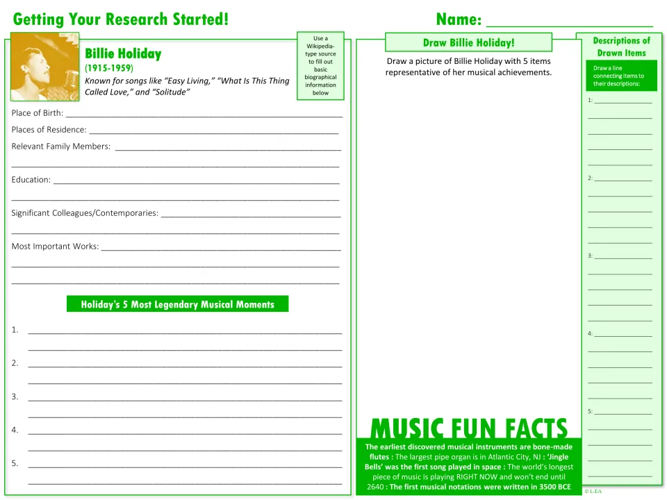 Billie Holiday research starter: students list birthplace, family, works and 5 top moments, then draw her with 5 items