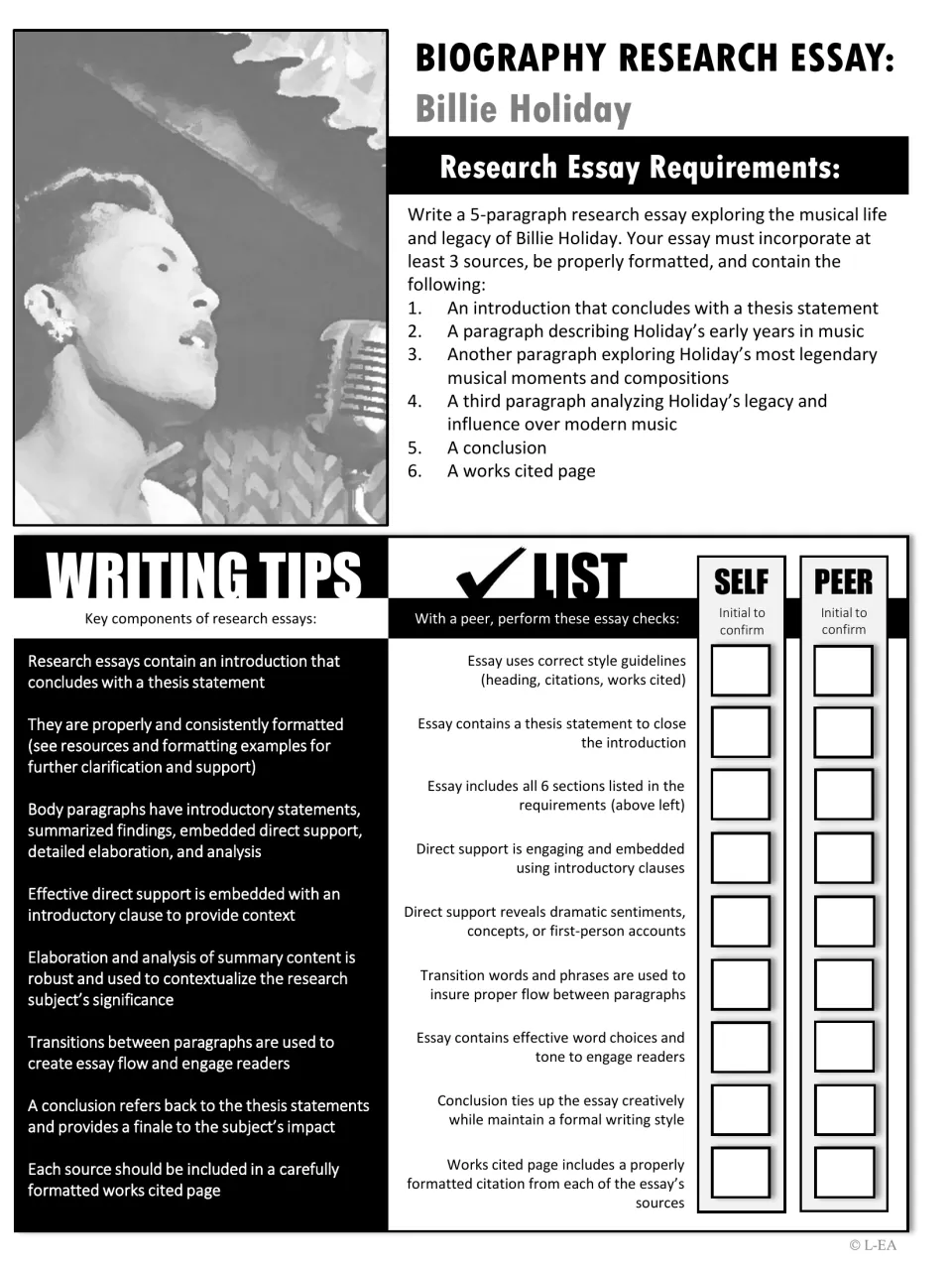 Black-and-white version of the Billie Holiday essay requirements, writing tips and self and peer checklist