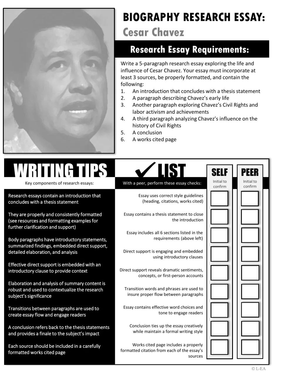 Grayscale Chavez research essay requirements with six required parts, writing tips, and a self and peer essay check list
