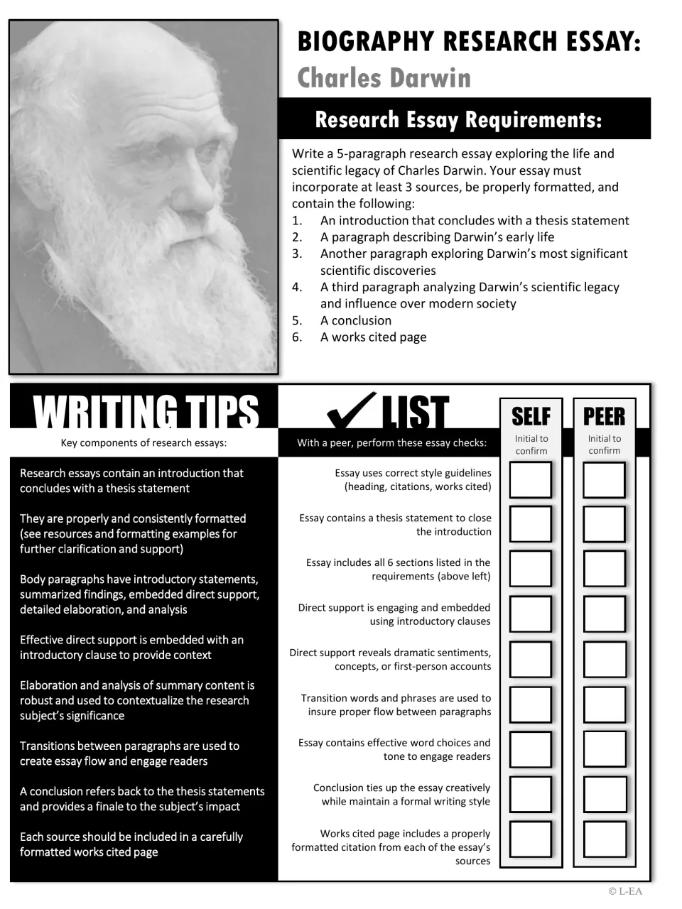 Grayscale Darwin essay assignment sheet: six required sections, research writing tips and a self and peer checklist
