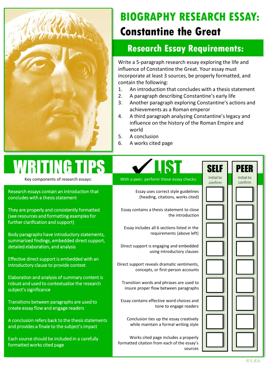 Constantine biography essay requirements: 5 paragraphs, 3+ sources, writing tips and a self and peer checklist