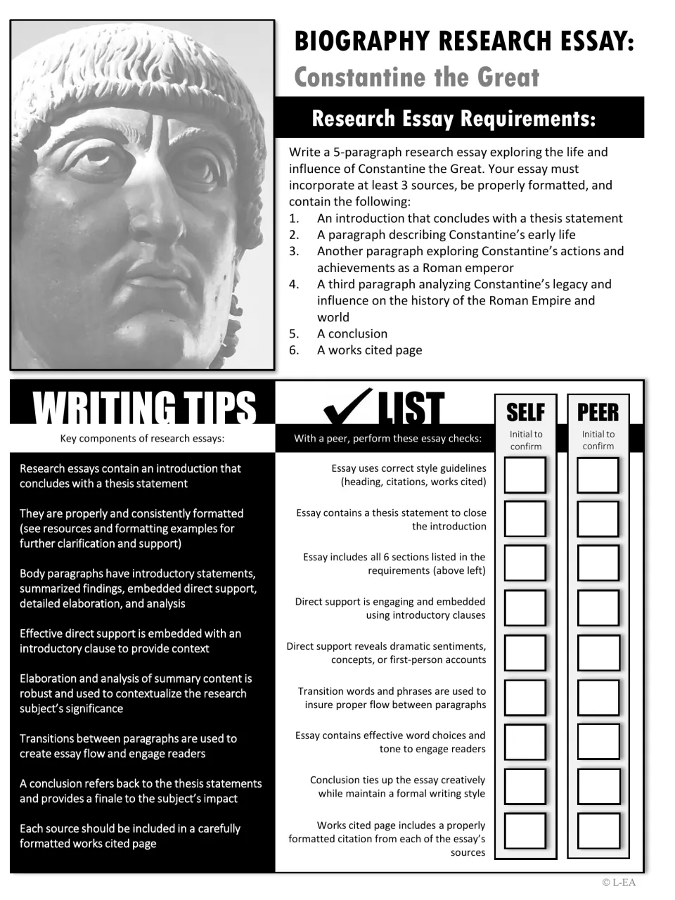 Grayscale essay requirements sheet on Constantine with the 6 required sections, writing tips and self and peer checks