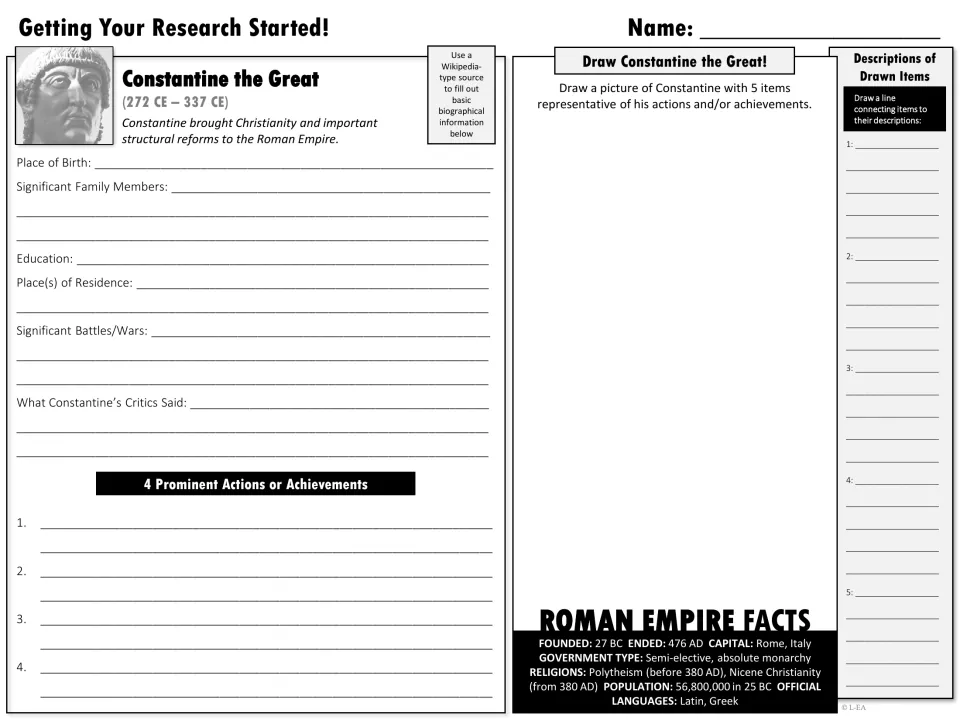 Grayscale research starter on Constantine (272-337 CE): biographical facts, 4 achievements, drawing and Roman Empire facts
