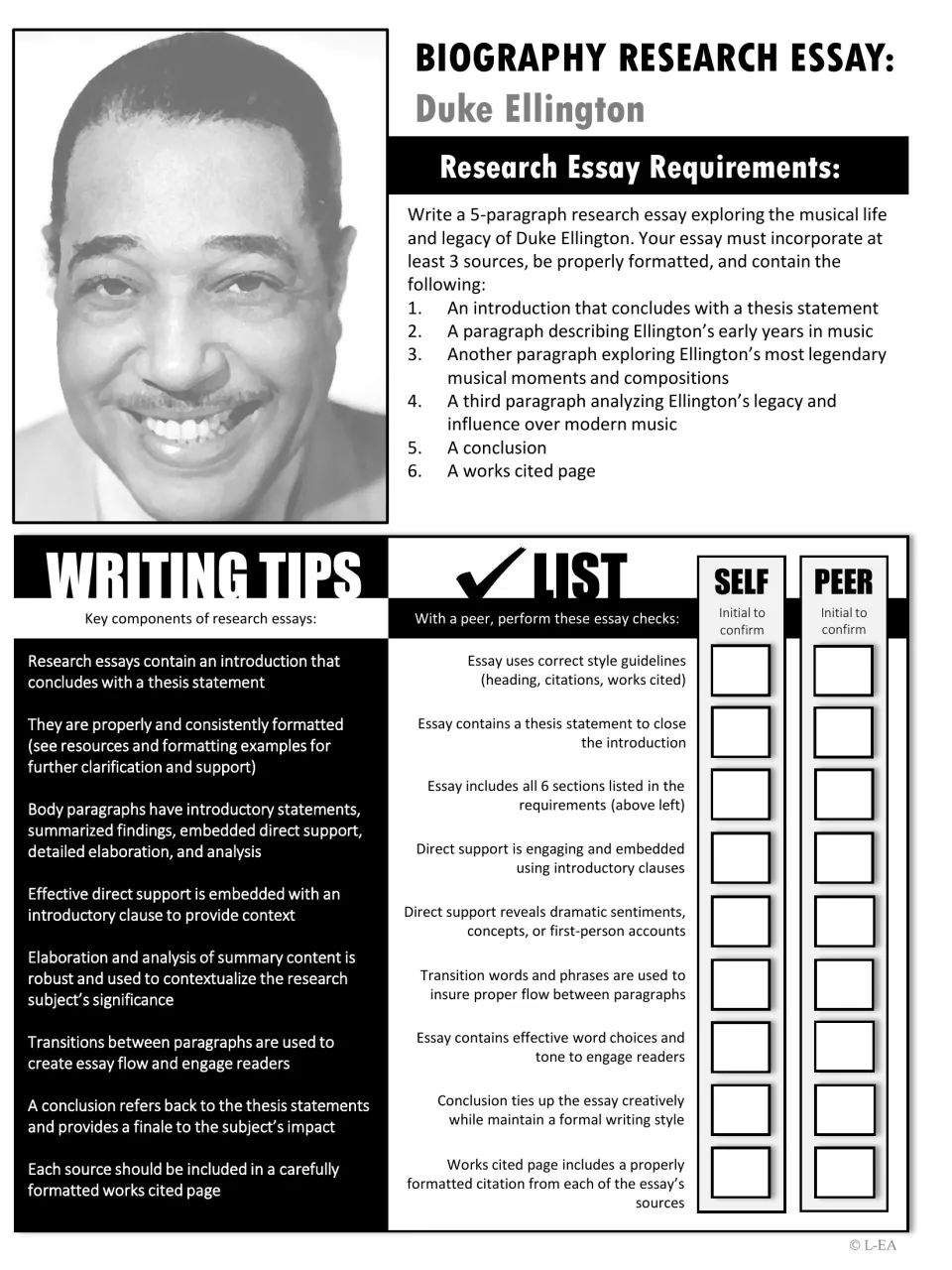 Black-and-white Ellington essay requirements with writing tips and a self and peer checklist for the 5-paragraph essay