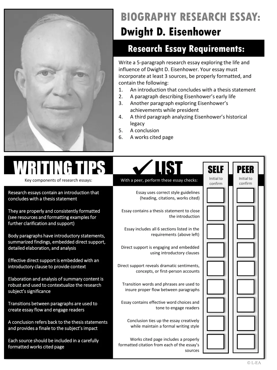 Black-and-white Eisenhower essay directions require five paragraphs and three sources, with self and peer checks
