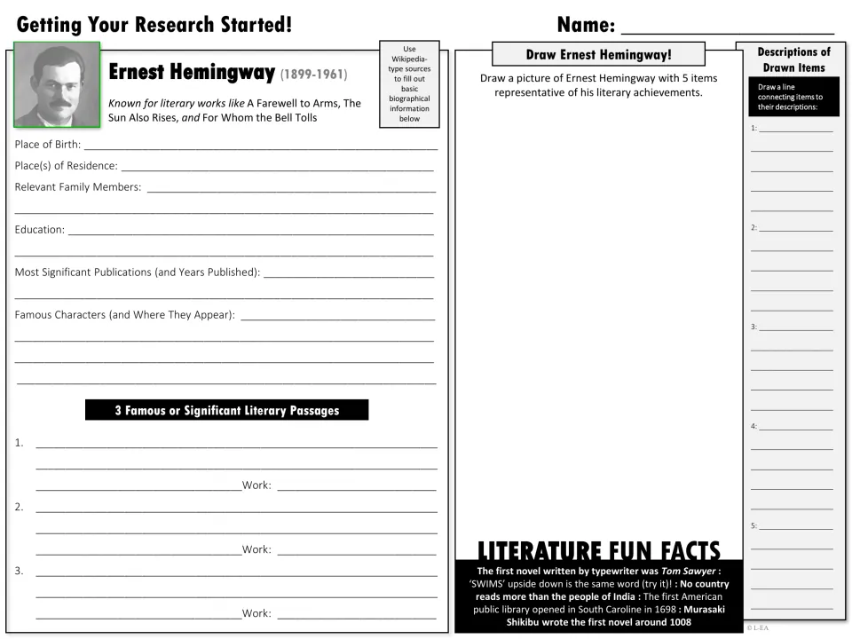 Black-and-white research starter: Hemingway biography fields, three literary passages and a labeled drawing activity