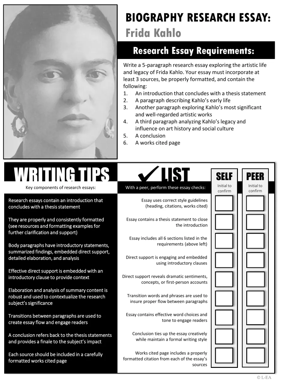 Black-and-white Kahlo research essay requirements with 6 required sections, writing tips and a self and peer checklist